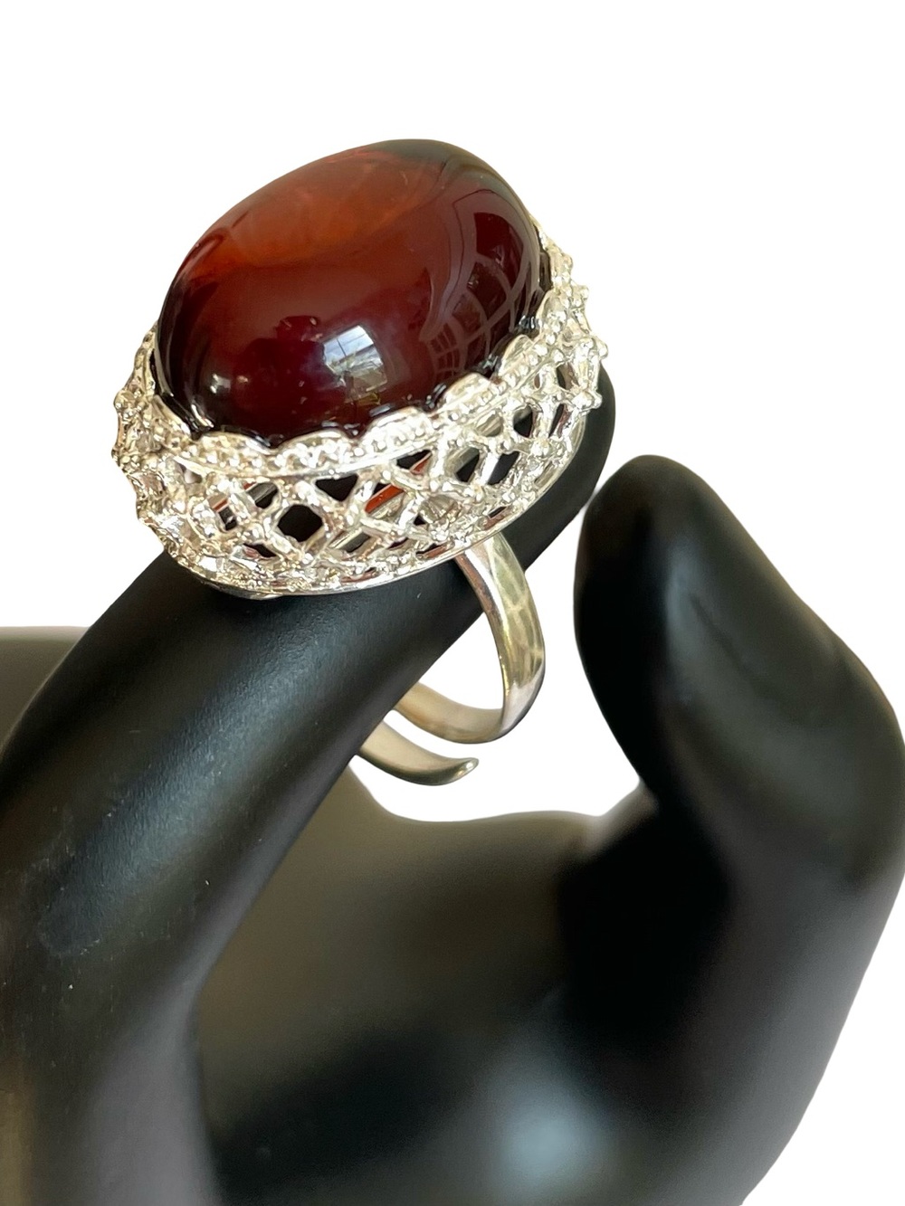Cherry Amber And Sterling Silver Adjustable Ring